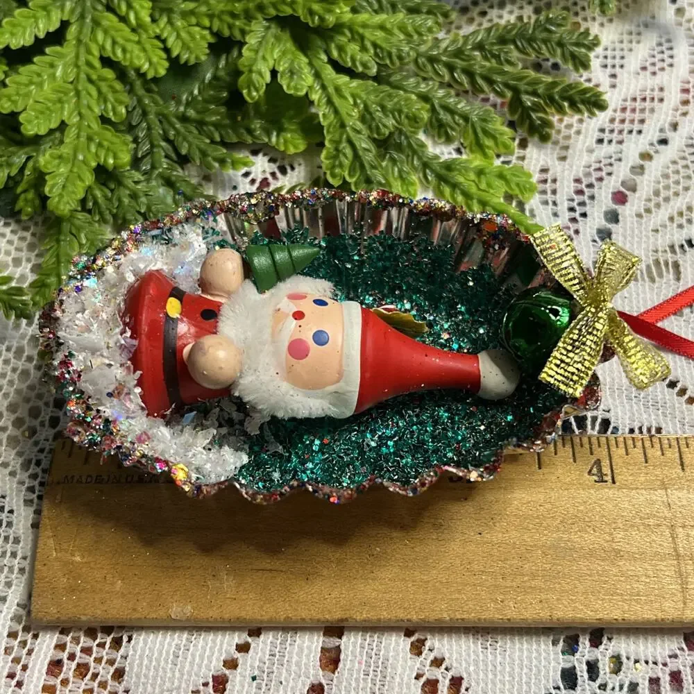 Vintage Oval Tart Tin Santa Claus Diorama Mid Century Style Glitter Ornament